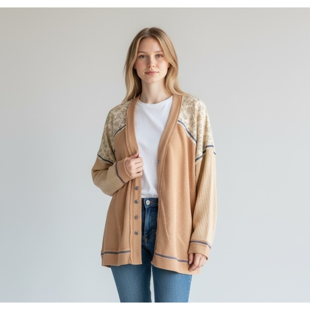 POL Waffle‎ Knit Thermal Boho Peasant Floral Jacquard Sweater Cardigan L Apricot